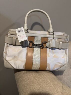 Coach White and Tan Signature Stripe Satchel with Gold-Tone Hardware